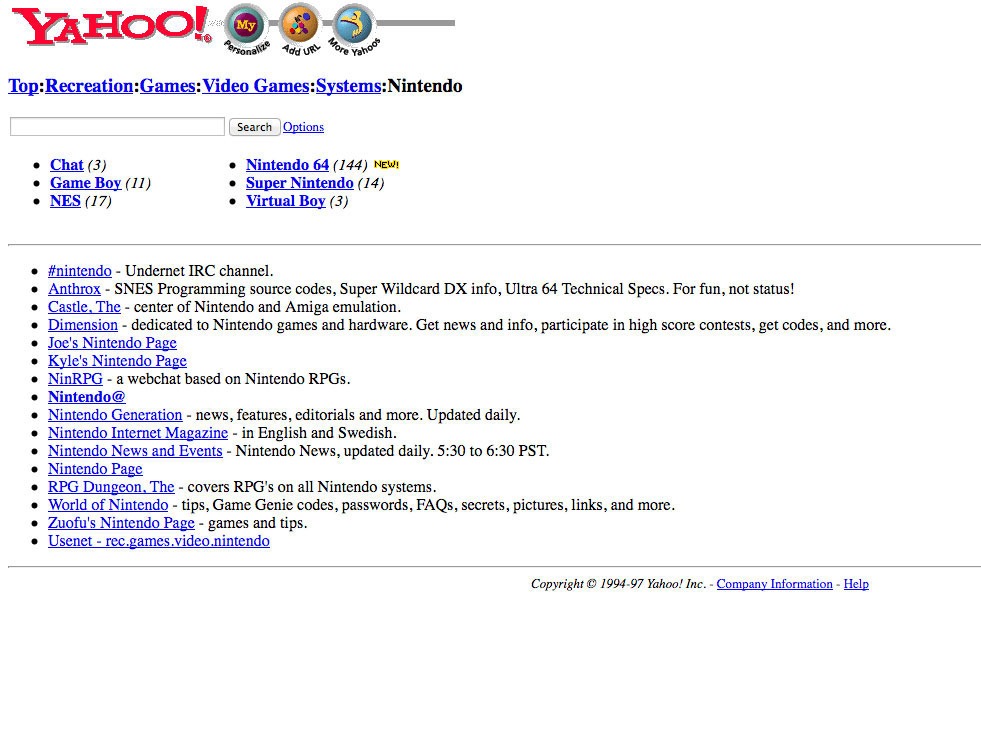 The Yahoo Directory listing circa December, 1996.--IMAGE: SCREENSHOT YAHOO.COM VIA THE ARCHIVE.ORG